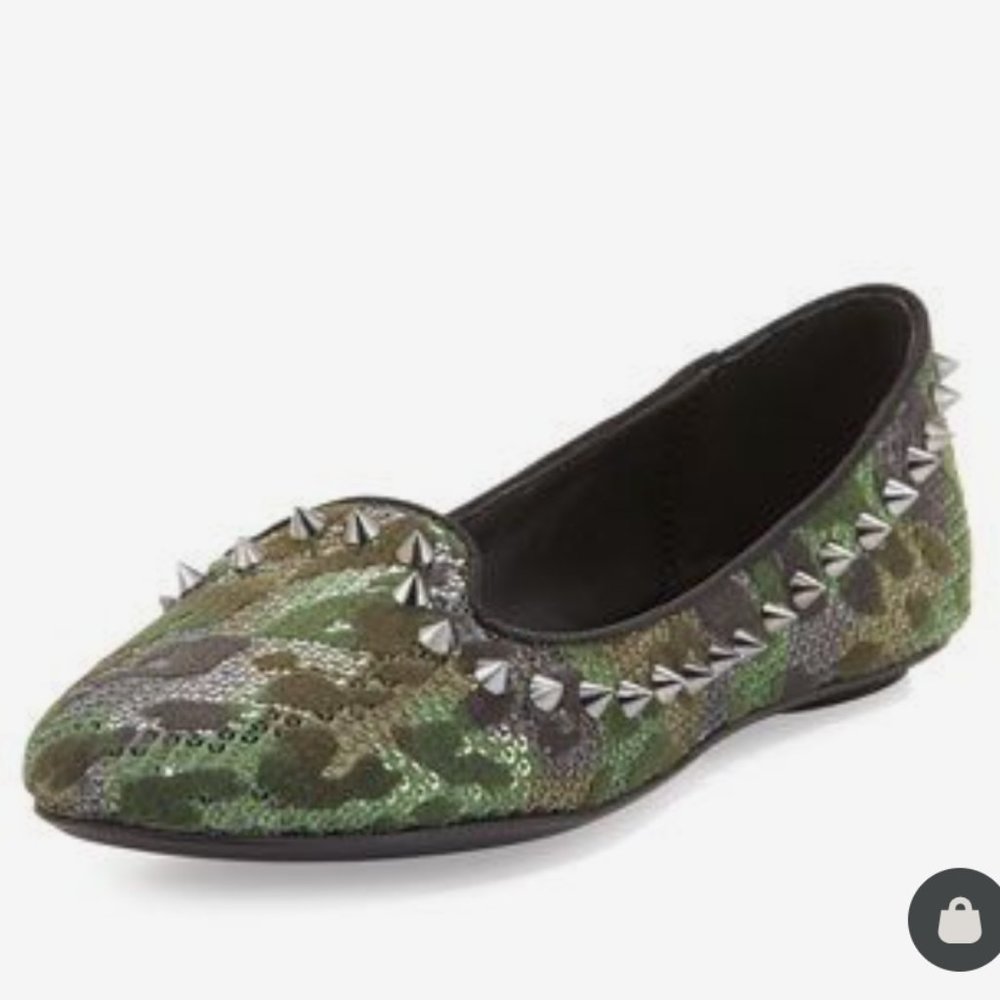 ASH As If Green Camo Sequin Flat Loafers with Spikes